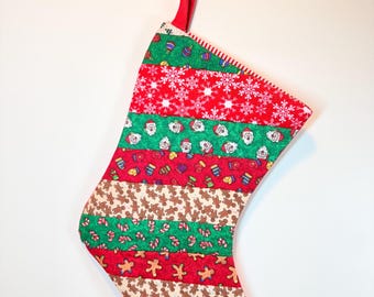 Handmade Patchwork Christmas Stocking with Santas, Snowflakes, Candy Canes