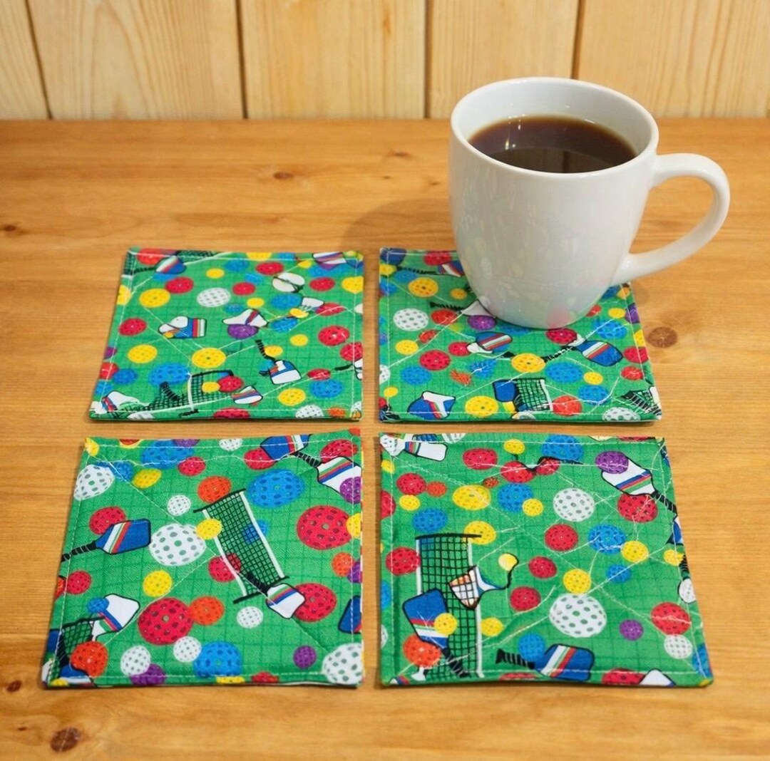 Pickle Rugs Pickleball Pickle Ball Fabric Coasters Mug Rugs, Set of 4, Reversible ...