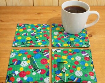 Handmade Pickleball Pickle Ball Fabric Coasters Mug Rugs, Set of 4, Reversible, Home Decor