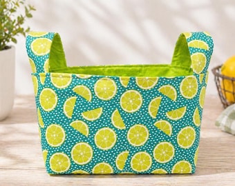 Handmade Sliced Limes Fabric Basket: Teal & Lime Green Storage Bin