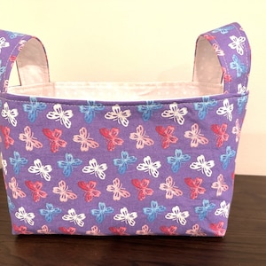 Purple Butterfly Fabric Basket with Handles, Storage and Organization Bin Container, Gift Bag
