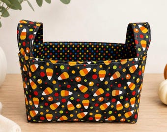Handmade Candy Corn Halloween Fabric Basket, Trick or Treat Storage Bin, Fall Decor