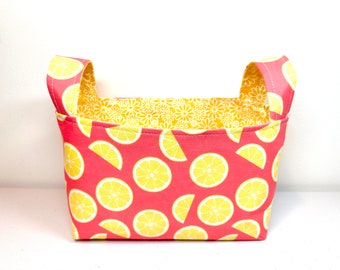 Handmade Lemon Fabric Basket, Floral Lining, Storage Organizer (9"x5"x6")