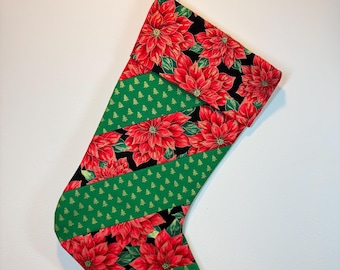 Handmade Poinsettia Christmas Stocking, Gold Foil Snowflake Liner