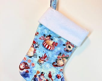 Handmade Sparkly Playful Snowman Christmas Stocking with Minky Cuff