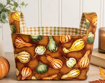 Handmade Fall Gourd Fabric Storage Basket – Autumn Organizer with Handles