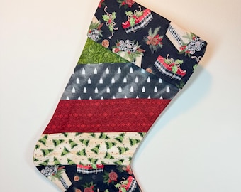 Handmade Patchwork Christmas Stocking with Cuff, Trees, Presents, Reindeer, Pinecones