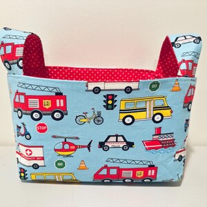Transportation Fire Engine Trucks Fabric Basket with Handles: Toy Storage Bin