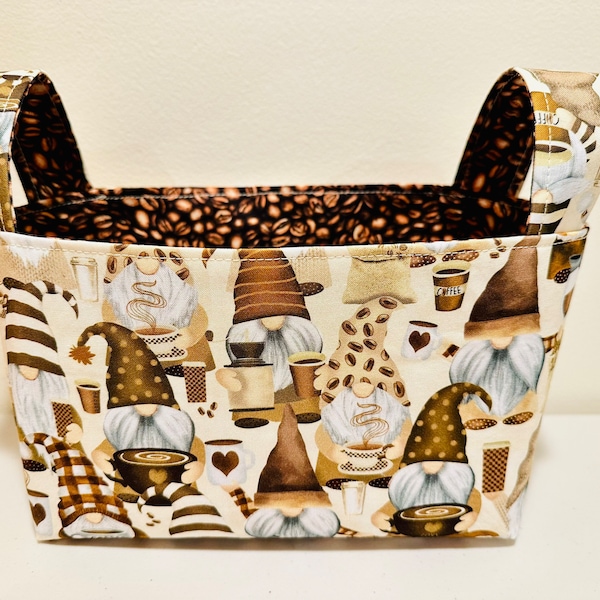 Coffee Gnome Theme Fabric Basket with Handles, Bin Container, K-Cup Holder, Storage & Organization, Reusable Gift Bag, Home Decor