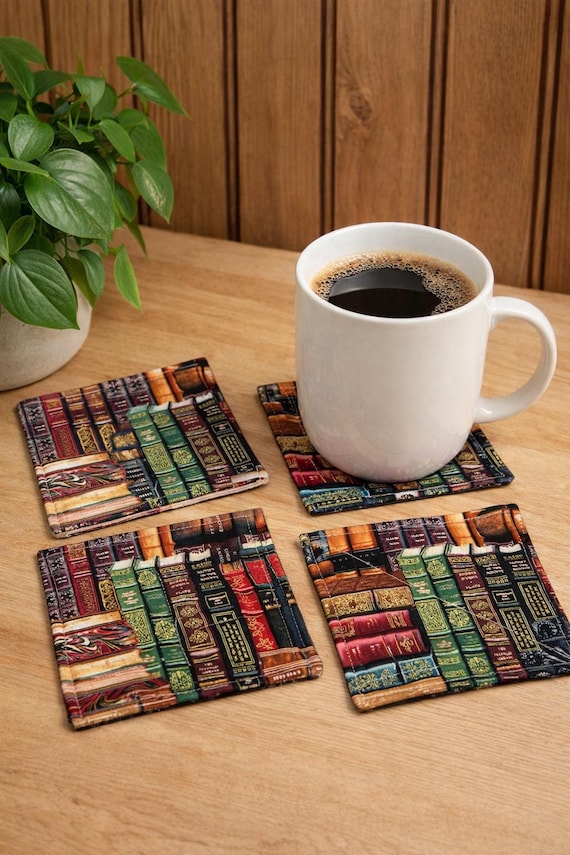 Handmade Set of 4 Quilted Cotton Fabric Coasters – Vintage Book Design, 5" Square