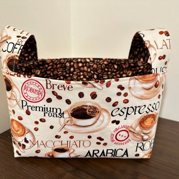 Coffee Cups, Words, Mugs Fabric Basket with Handles, Bin Container, K-Cup holder, Storage & Organization, Reusable Gift Bag, Home Decor