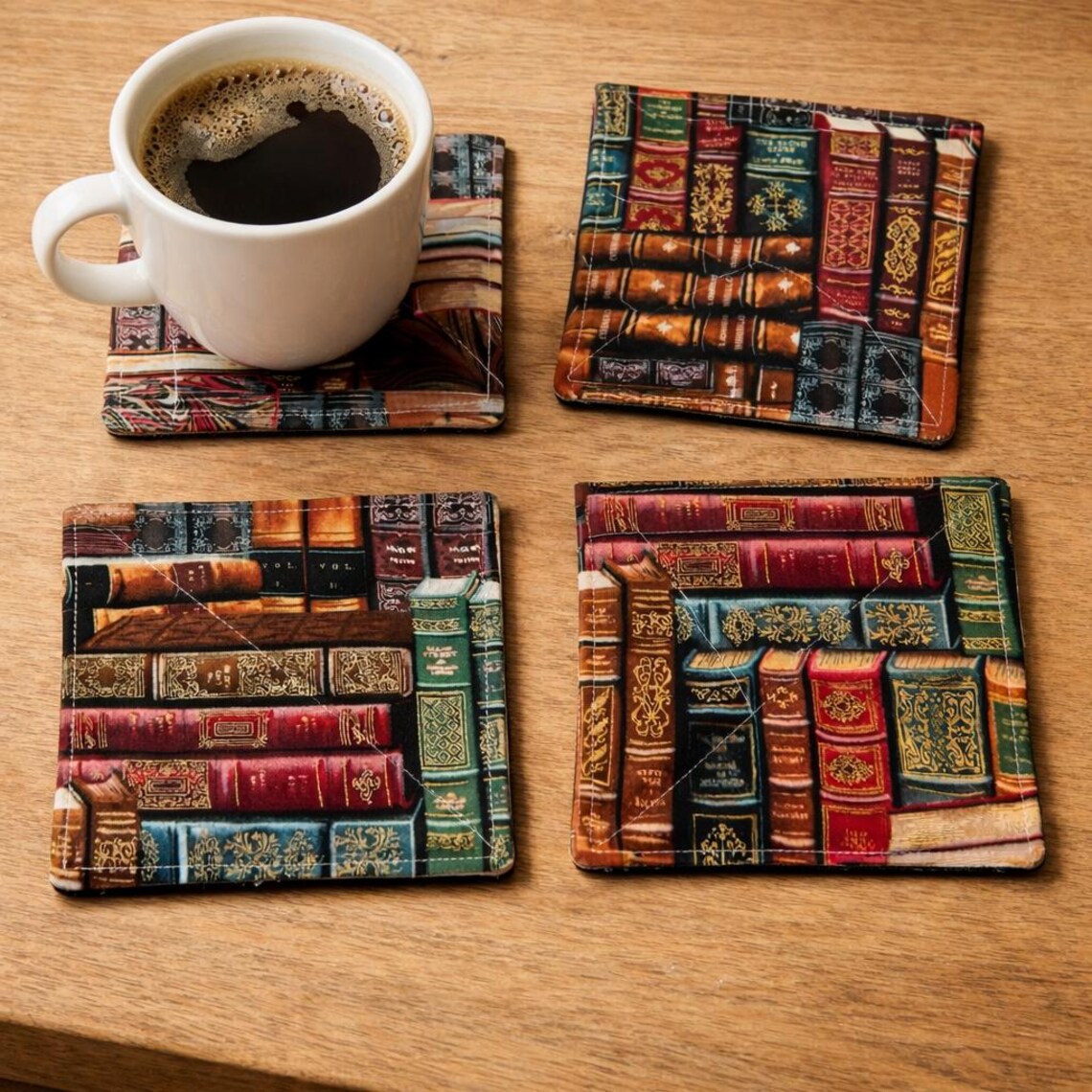 Set of 4 Quilted Cotton Fabric Coasters – Vintage Book Design, 5 ...
