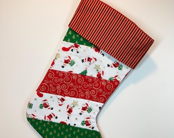 Handmade Patchwork Christmas Stocking with Cuff, Santa Claus, Trees, Gold Foil Accents