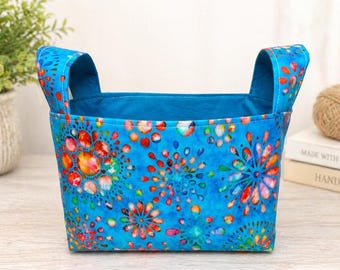 Handmade Blue Teal Mosaic Fabric Basket with Handles, K-Cup Storage, Home Decor