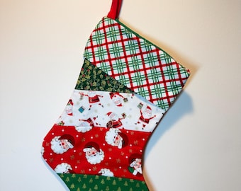 Handmade Christmas Stocking with Cuff, Santa Claus, Trees and Holly Ivy, Gold Foil Accents