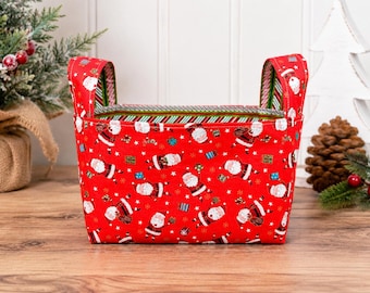 Handmade Santa Fabric Storage Basket with Handles, Christmas Winter Theme, Reusable Gift Holder