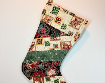 Elegant Handmade Christmas Stocking with Cuff, Red Poinsettias, Roses, Santas, Gold Foil Accent