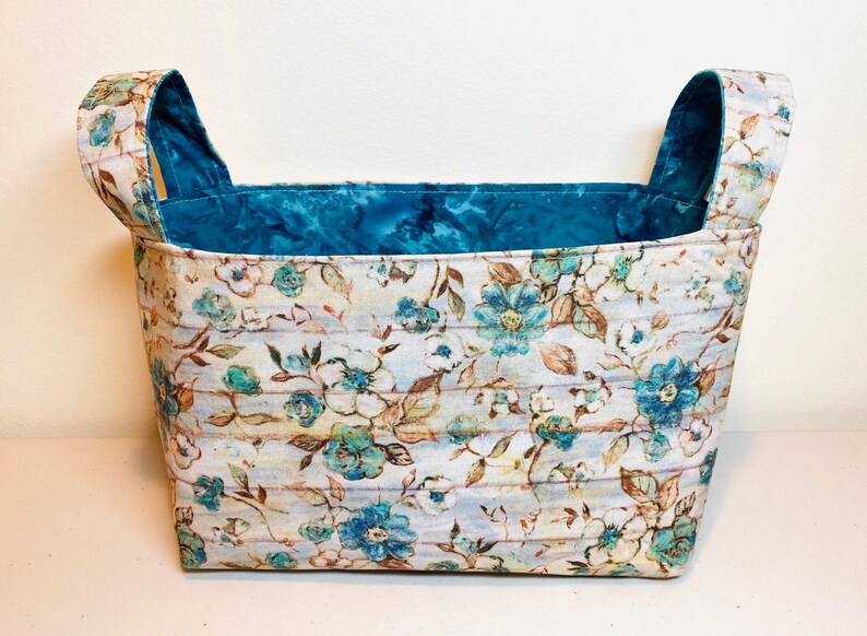 Aqua Blue Floral Susan Winget Design Fabric Basket with Handles/Bin Container, K-Cup holder, Gifts, Storage and Organization, home decor 