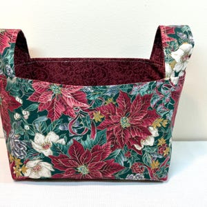 Poinsettia and White Flower Fabric Basket with Handles, Holiday Christmas Storage & Organization Bin Container, Reusable Gift Bag Home Decor