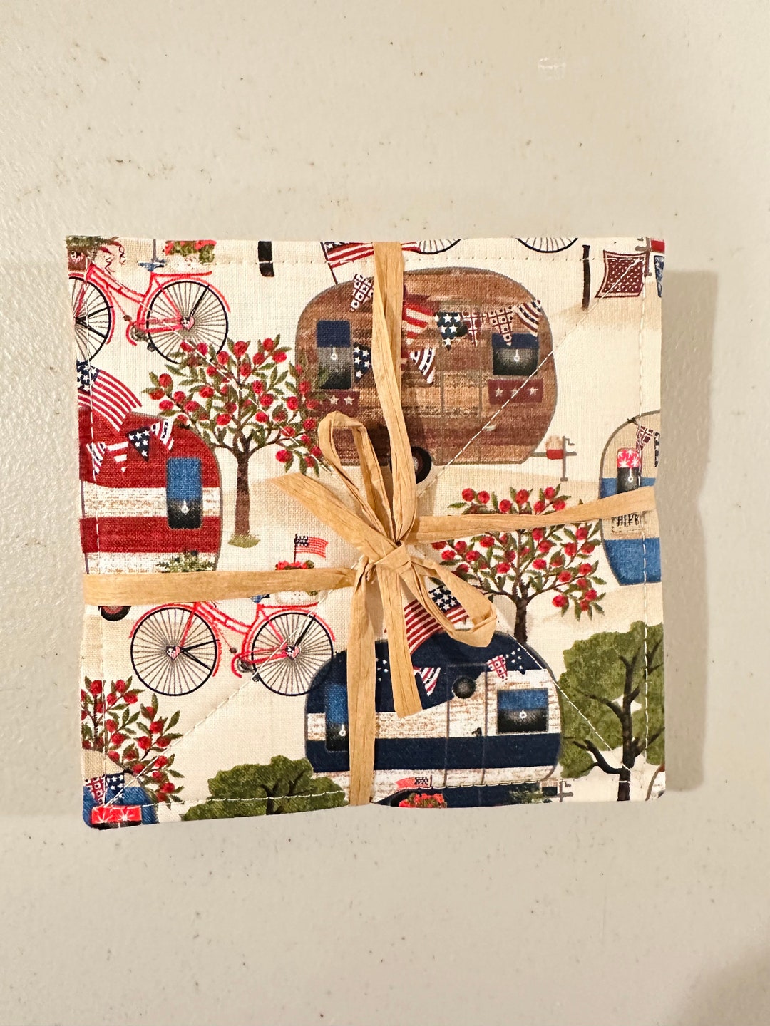 Patriotic RV Camper Camping Fabric Coasters, Set of 4, Reversible, 5 ...