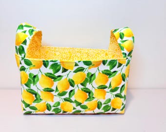 Handmade Lemons and Daisies Fabric Basket with Handles, Storage Bin