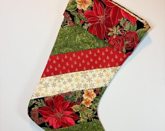 Elegant Handmade Christmas Stocking with Cuff, Red Poinsettias, Snowflakes, Gold Foil Accents