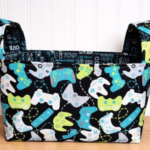 Handmade Fabric Basket with Handles, Video Game Controller Print, Toy Holder, Storage Bag
