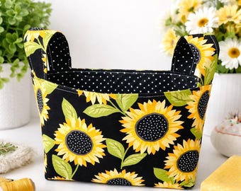 Sunflower Fabric Storage Basket with Handles | Farmhouse Cotton Organizer Bin