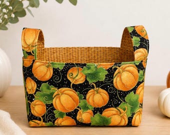 Handmade Pumpkin Fabric Basket, Gold Accents, Autumn Fall Decor Storage Bin