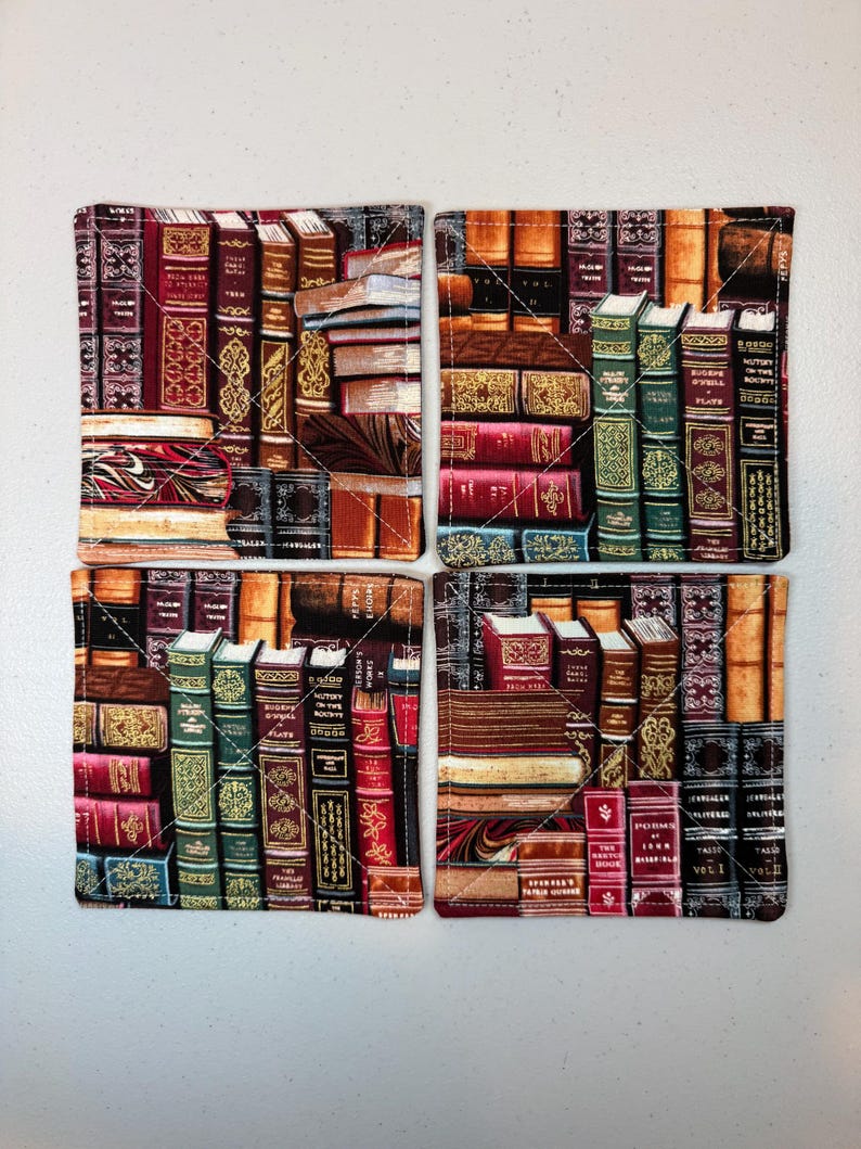 Set of 4 Quilted Cotton Fabric Coasters – Vintage Book Design, 5 ...