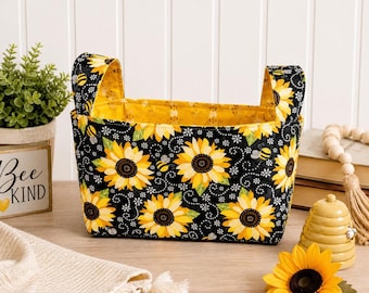 Sunflower Bee Fabric Basket with Handles: Reusable Gift Bag