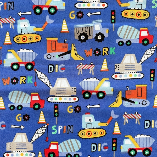 Construction Trucks Cotton Fabric, Tractor, Back Hoe, Crane, Dump Truck & More, Royal Blue, Novelty Print