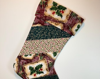 Elegant Handmade Christmas Stocking with Cuff, Holly Berry, Gold Accents