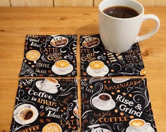 Handmade Coffee Words Sayings Fabric Coasters Mug Rugs, Set of 4, Coffee Beans, Reversible