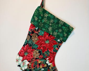 Elegant Handmade Poinsettia Christmas Stocking with Cuff, Gold Foil Accents