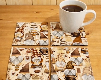 Handmade Coffee Gnome Fabric Coasters, Set of 4 - 5” x 5” Coffee Beans, Reversible