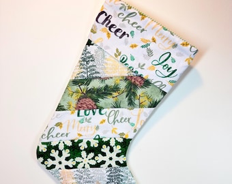 Handmade Christmas Stocking with Cuff, Pinecones, Trees and Snowflakes