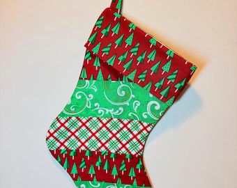 Handmade Christmas Tree Patchwork Stocking with Cuff