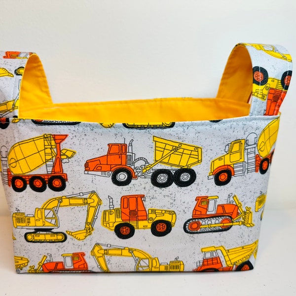 Construction Trucks Gift Basket with Handles, Bin Container, Toy holder, Reusable Gift Bag, Storage and Organization