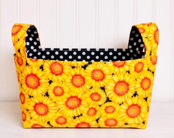 Handmade Sunflower Fabric Basket with Handles: K-Cup Storage