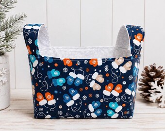 Handmade Winter Mittens Fabric Storage Basket with Handles, Gloves Storage, Home Decor
