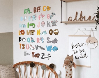 Animals Watercolor Alphabet Set, Peel and Stick Decal, Reusable Wall Decal, Repositionable Wall Stickers, Upper Case Alphabet al2