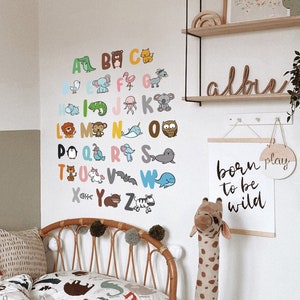 Animals Watercolor Alphabet Set, Peel and Stick Decal, Reusable Wall Decal, Repositionable Wall Stickers, Upper Case Alphabet al2