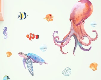 Sea World Ocean Wall Decal for kids room, wall stickers for nursery OCEAN Life with fishes, octopus, ray, turtles, corals, jellyfishes os