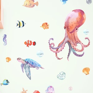 Sea World Ocean Wall Decal for kids room, wall stickers for nursery OCEAN Life with fishes, octopus, ray, turtles, corals, jellyfishes os