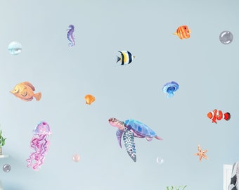 Sea World Ocean Wall Decal for kids room, wall stickers for nursery OCEAN Life with fishes, octopus, ray, turtles, corals, jellyfishes sw1