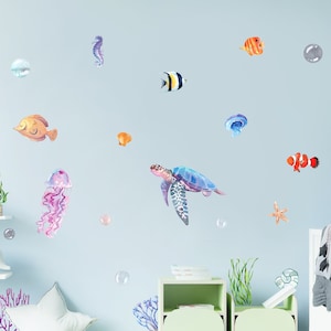 Sea World Ocean Wall Decal for kids room, wall stickers for nursery OCEAN Life with fishes, octopus, ray, turtles, corals, jellyfishes sw1