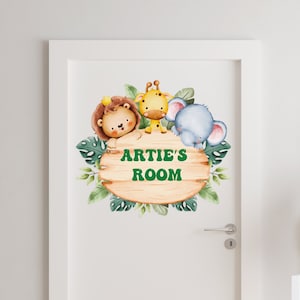 Personalized Door Name decal, Safari animals, Watercolor tropical animals, Kids room door Decor, above crib decal Animals Nursery ac1