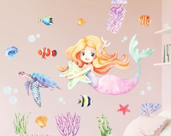 Sea Theme Nautical Wall Stickers | Wall Decals for Kids Bedroom, Nursery, Playroom Peel & Stick Decals Watercolor Little Mermaid ms2