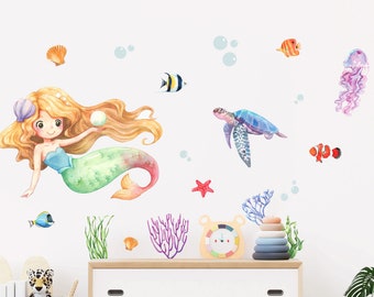 Mermaid wall decal, sea wall decal, Nursery wall Sea World Watercolour Little Mermaid, ocean wall decal, Sea World Ocean Wall Decal ms1